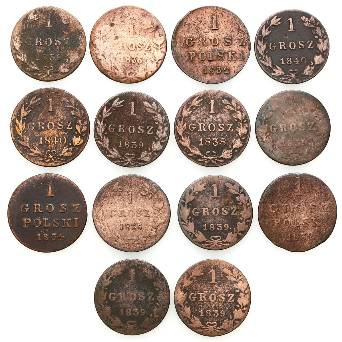 Polska XIX w./Rosja. Grosz 1832-1840, Warszawa, zestaw 14 monet